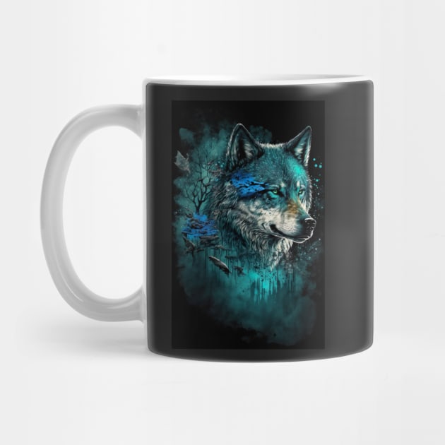 Cool Wolf portrait with teal and blue glow by KoolArtDistrict